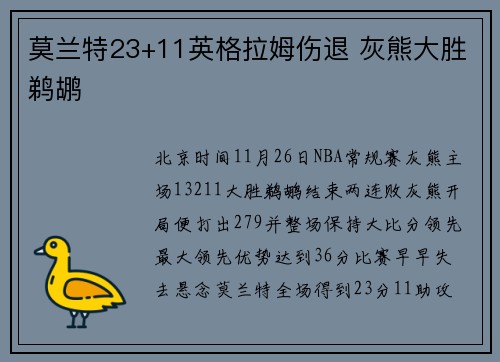 莫兰特23+11英格拉姆伤退 灰熊大胜鹈鹕